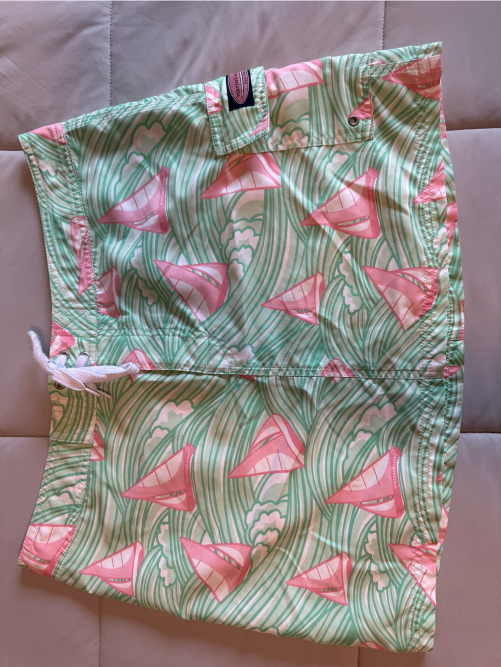 Vineyard Vines Pink Sailboat Print on Mint Green Swim Shorts
